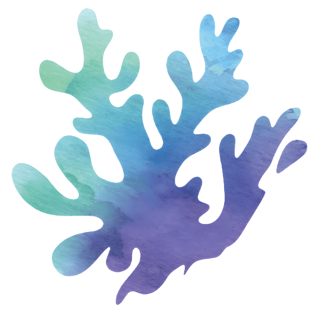 Coral Reef Consulting's icon, the silhoutte of a coral filled in with water color paint blending from seafoam green to bright blue to dark purple