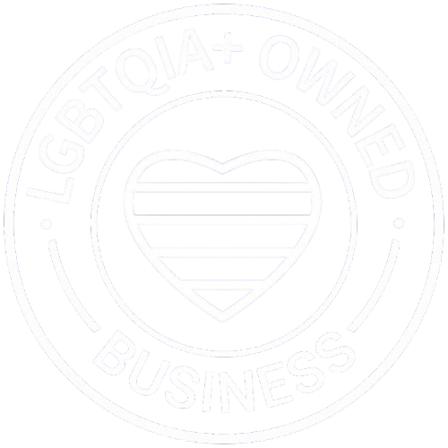 circular badge reading "LGBTQIA+ owned business"